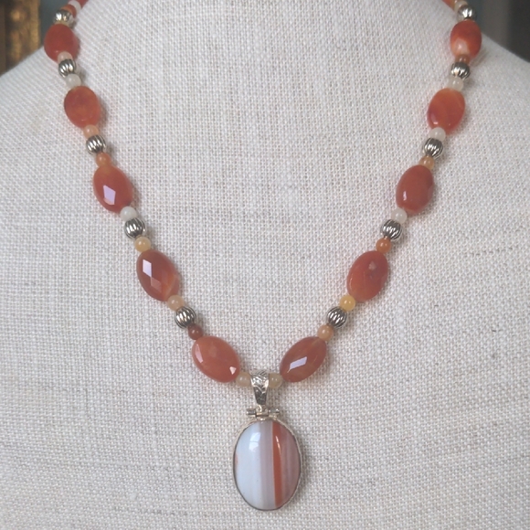 Hand Crafted Jewelry - New Orange & Cream Agate Beaded Pendant Necklace, Sterling Silver, Unique, Boxed
